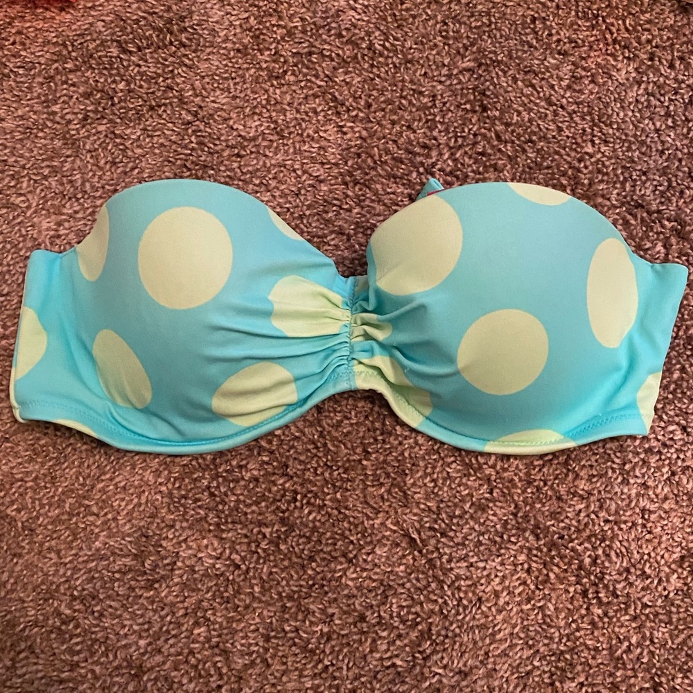Victoria secret blue and green polka dot strapless bathing suit top.